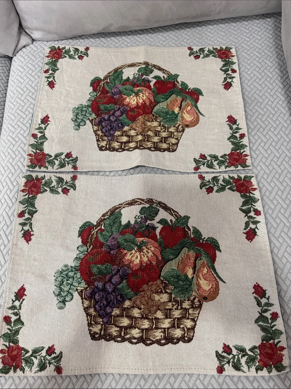 Vintage Tapestry Fruit Basket Embroidered Table Runner and 2 Placemats 70” Long